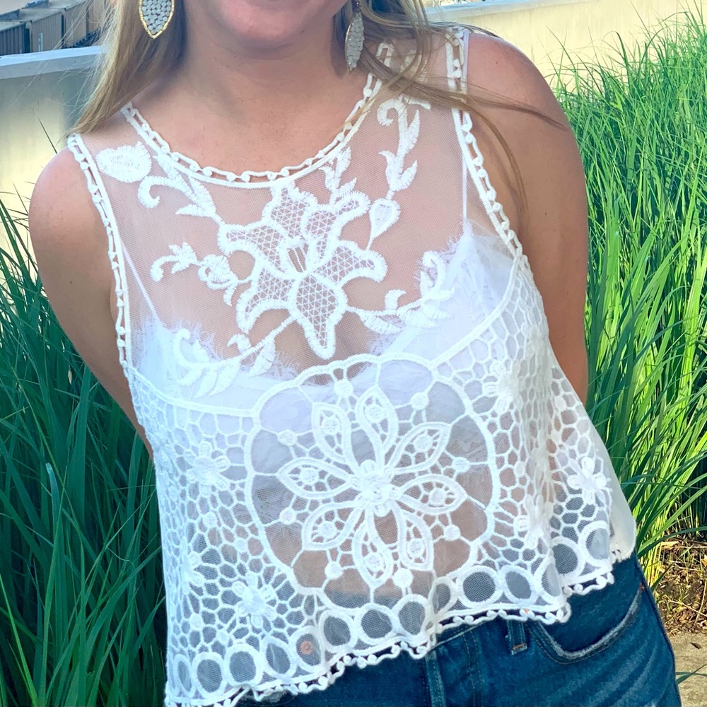 ASTR see-through lace top and TopShop bralette